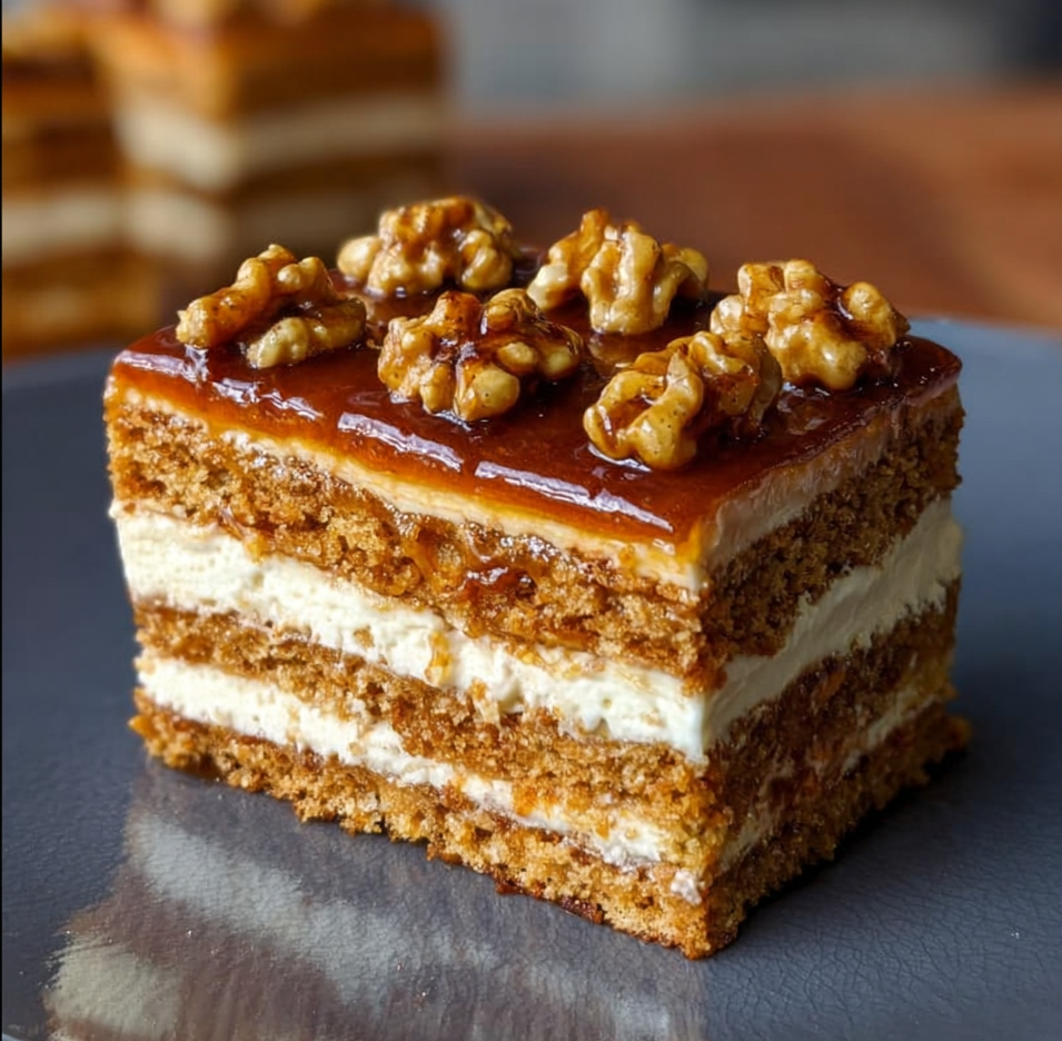 Miodownik z kremem budyniowym i karmelizowanymi orzechami w miodzie